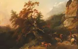 Paesaggio con viaggiatori attaccati dai banditi by Philippe Jacques de Loutherbourg il Giovane, oil on canvas, offered Apr 2019