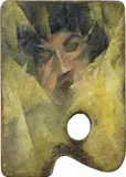 Cassetta di colori con «Volto di donna (Dafne)» sulla tavolozza e con «Dinamismo di case» all'interno del coperchio by Roberto Marcello Iras Baldessari, 1915, oil on legno, offered Dec 2018