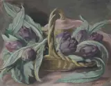 Elisabeth Chaplin, Natura morta con cesto di carciofi, oil on faesite