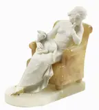 Giuseppe Gambogi, Giovane donna in poltrona con cagnolino, Scultura in alabastro