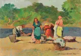 Lavandaie al fiume by Carlo Domenici, oil on compensato, offered Oct 2018