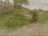 Adolfo Tommasi, Contadini in riposo, oil on tavoletta