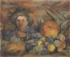 Silvio Bicchi, Natura morta con contadino, pastel on paper applicata on canvas