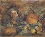 Silvio Bicchi, Natura morta con contadino, pastel on paper applicata on canvas