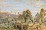 Galileo Chini, Scena di guerra (L'assalto), 1917, oil and grafite on compensato
