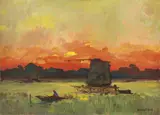 Tramonto a Bocca d'Arno by Renato Natali, oil on faesite, offered Apr 2018