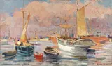 Nel porto (Marina) by Renato Natali, oil on cardboard, offered Apr 2018