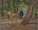 Giardino con cane by Luigi Gioli, oil on canvas applicata on cardboard, offered Apr 2018
