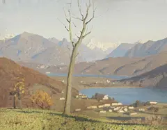 Oreste Albertini, Veduta di lago, oil on compensato