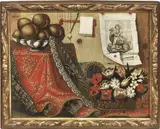 Antonio Gianlisi II, Natura morta con fiori, frutta e stampa (trompe l'oeil)