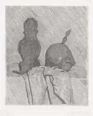 Natura morta con due oggetti e un drappo su un tavolo by Giorgio Morandi, 1929, etching on rame, offered Dec 2017