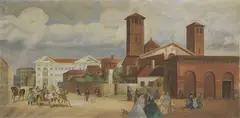 Marcello Dudovich, Milano, Sant'Ambrogio, oil on canvas applicata on panel