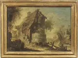 Giuseppe Antonio Pianca, «Paesaggio con casolare e rudere» e « Paesaggio con alberi e tre viandanti», oil on canvas