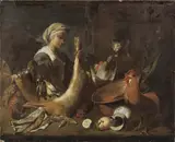 Antonio Maria Vassallo, Donna con lepre, gallo e gatto, oil on canvas