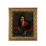 Francesco de Gregorio, In teatro, dipinto oil on canvas raffigurante ritratto di donna in abito rosso con collo di pelliccia and binocolo Firmato in