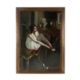 Francesco de Gregorio, Ritratto di ballerina, dipinto oil on canvas raffigurante scena di giovane donna seduta on uno sgabello che indossa una scarpa