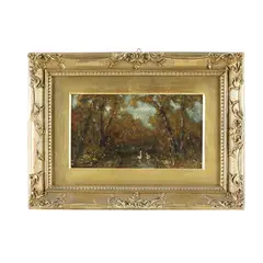 Lorenzo Gignous, Bosco con stagno, dipinto oil on canvas incollato on panel raffigurante "Bosco con stagno". Firmato in rosso