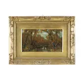 Lorenzo Gignous, Bosco con stagno, dipinto oil on canvas incollato on panel raffigurante "Bosco con stagno". Firmato in rosso