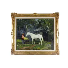 Giuseppe Chiacigh, Cavallo in cortile, dipinto oil on canvas board raffigurante "Cavallo in cortile" Firmato in rosso