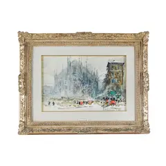 Aldo Raimondi, Il Duomo di Milano innevato, dipinto watercolour on cardboard raffigurante "Duomo di Milano innevato" In cornice intagliata and dorata. Firmato