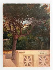 Vittorio Matteo Corcos, "Veduta Di Pineta Dal Terrazzo" Di Castiglioncello 1929, dIPINTO oil on cardboard RIGIDO DI ELEVATO PESO SPECIFICO RAFFIGUARANTE VISTA DA UN TERRAZZO