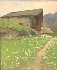Romeo Borgognoni, Il sentiero di montagna, Cornice ebanizzata della fine del XIX secolo a più ordini di modanatura. Firmato in basso a sinistra R.