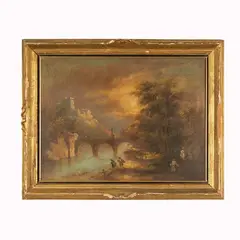 Marco Calderini, Scorcio di paesaggio fluviale con viandanti e ponte, corice dorata e intagliata del XX secolo; caduta di doratura sulla cornice. firmato in basso a destra "M.