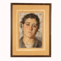 Ritratto di giovane fanciulla by Francesco Paolo Michetti, Al retro cartiglio Casa das Molduras de P.Casimiro de dos sactos Lisboa Firmato in basso a destra Michetti, offered Jun 2025