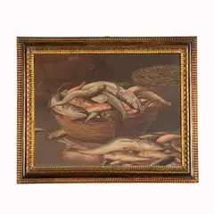 Raffaello Celommi, I doni del mare, In primo piano un cesto di vimini riempito fino all'orlo di merluzzi