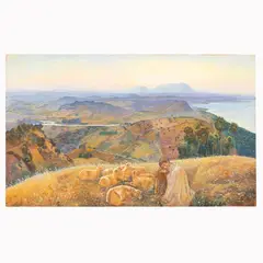 Tommaso Cascella, "Abruzzo Al Tramonto", Grande veduta al tramonto della costa abruzzese con la Maiella sullo sfondo e pastore con gregge . Firmato in