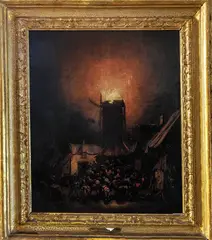 Egbert van der Poel, Incendio Del Mulino, La scena è caratterizzata da chiaroscuri del nero e del rosso
