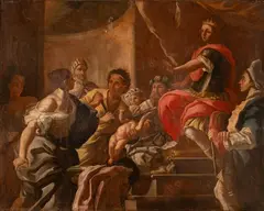 Gaspare Traversi, Pittore napoletano XVIII secolo, Il dipinto raffigura l'episodio biblico del Giudizio di re Salomone (I Re