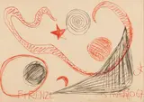 Alexander Calder, Per la velocità, 1967, In basso a destra a grafite disegno di una macchina e scritta a Gian Franco PER LA VELOCITA' Calder
