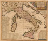 Matthäus Seutter, Italiae Antique Item Insularum Siciliae, Sardiniae, Corsicae, Typus Et Nova Delineatio, Aeri Insculpta [..], 1750, Grande incisione acquerellata a mano