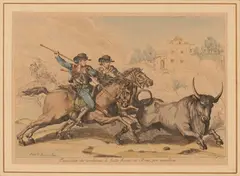 Cavalcature che conducono le bestie bovine in Roma per macellare by Bartolomeo Pinelli, Acquerellatura coeva In basso Pinelli fecee, offered Sep 2024