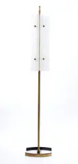 Angelo Lelli, Floor lamp mod. 12707 in brass and opal glass diffusers, Produced by Arredoluce