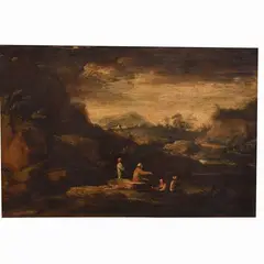 Jacob de Heusch, Coppia di paesaggi con figure di viandanti, In cornici coeve