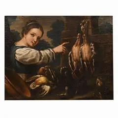 Felice Boselli, Coppia di Nature Morte con selvaggina, animali e giovani donne.