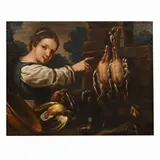 Felice Boselli, Coppia di Nature Morte con selvaggina, animali e giovani donne.