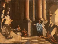 Viviano Codazzi, Filosofi sulla scalinata di un tempio indicano una fontana, Corredata da asseverazione di autenticità rilasciata dal Dott. Armin Silbernagl
