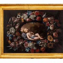 Giuseppe Recco, Gesù Bambino in una ghirlanda di fiori, Accompagnato da una scheda del professor Nicola Spinosa