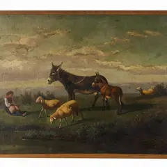 Antonio Milone, Dipinto raffigurante paesaggio campestre con pastorella, pecore e asini, oil on canvas