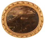 Antonio Francesco Peruzzini, Ovale raffigurante paesaggio con castello e figure, oil on canvas