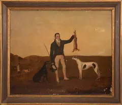 Thomas Weaver, Scena di caccia alla lepre con levrieri, Un gentiluomo alza al cielo una lepre. Ai suoi fianchi un levriero nero e uno bianco pezzato. Sullo sfondo altri