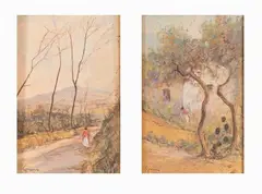 Coppia di pastelli raffiguranti paesaggi by Giuseppe Casciaro, offered Sep 2022