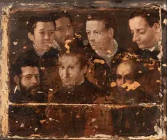 Annibale Carracci, I maestri e i discepoli, dipinto originariamente realizzato ad oil on panel. Soggetto a t rasporto della pellicola pittorica da panel