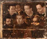 Annibale Carracci, I maestri e i discepoli, dipinto originariamente realizzato ad oil on panel. Soggetto a t rasporto della pellicola pittorica da panel