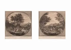 Francesco Bartolozzi, Coppia di incisioni - The rural Italian's Wedding e The Rural Italian's Ball, incisioni realizzate da Bartolozzi ( rif. in basso a destra) on disegno di Zuccarelli (rif. in basso a sinistra).