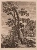 Stefano della Bella, Grande paesaggio con pescatore sotto l'albero.
