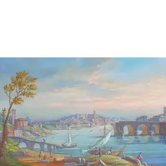 Veduta dell'isola Tiberina / Veduta del Ponte Rotto by Giovanni Battista Busiri, tempera on paper, offered Mar 2013